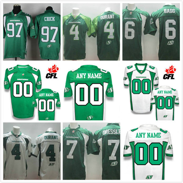 CFL Custom Saskatchewan Roughriders Premier TC white Green #4 DURANT #97 CHICK #6 BIGG #7 DRESSLER Football Jersey Saska