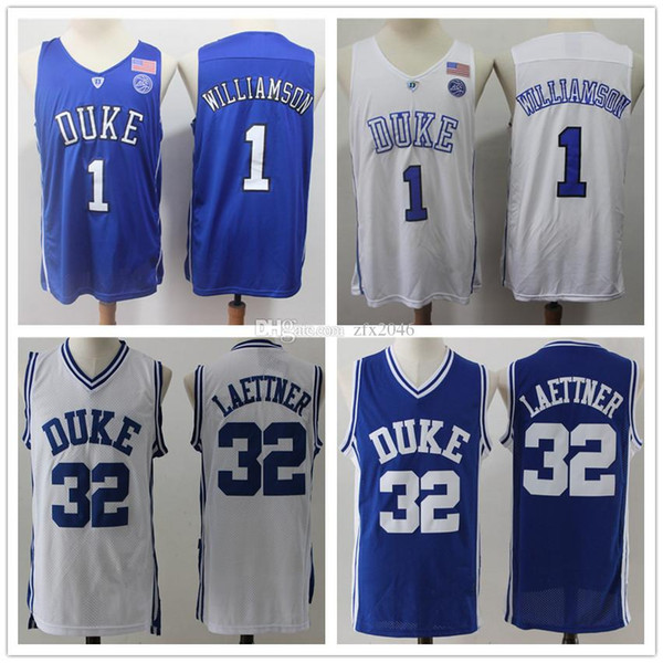 Men's NCAA Duke Blue Devils 1 Zion Williamson 32 Christian Laettner White Black Blue College Basketball Jerseys embroidered Stitched lo