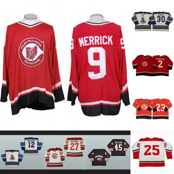 Mens Cleveland Barons 2 Hampton 3 Gary Geldart 30 Coutu 3 OBrien 27 Gilles Meloche 17 Simmer 9 Merrick 12 Barrie Meissne Hockey Jersey