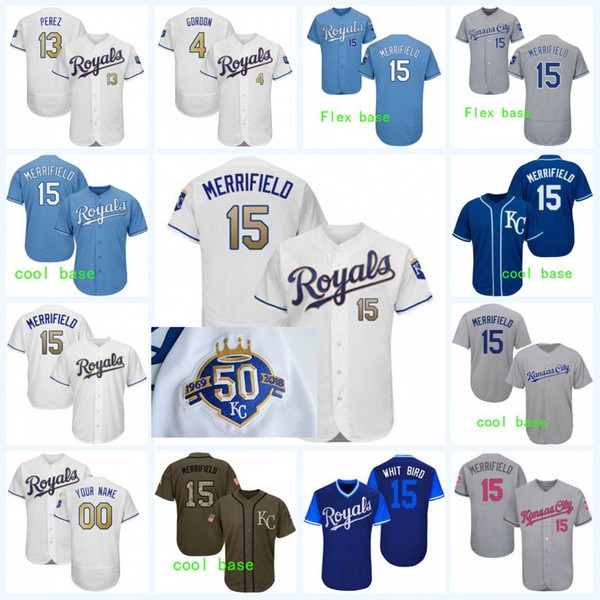 Gold Program Kansas City #15 Whit Merrifield 50th Anniversary Patch 4 Alex Gordon 13 Salvador Perez Baseball Jersey Top Quality