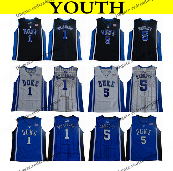 2018 Youth Duke Blue Devils College Basketball Jersey Boys 1 Zion Williamson 5 RJ Barrett Black Kids Basketball Shirts