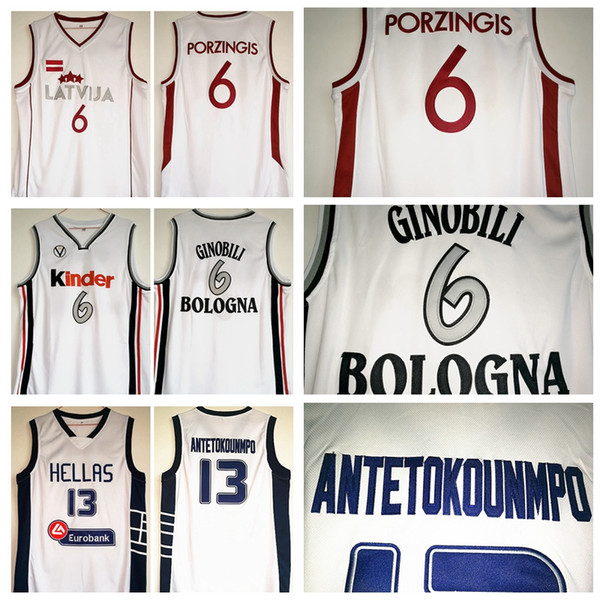 NCAA Greece Dwayne Hellas Giannis Antetokounmpo Jerseys 13 Italy Kinder Bologna 6 Manu Ginobili Latvija Kristaps Porzingis Basketball White