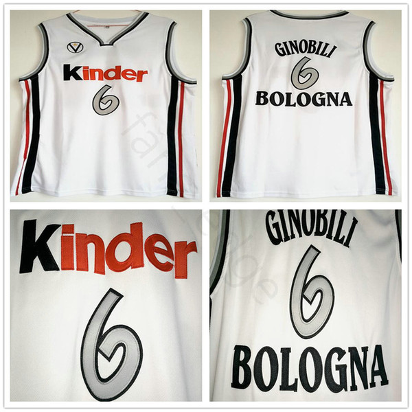 Manu Ginobili Jersey #6 Virtus Kinder Bologna European Basketball Jerseys Stitched Mens White Camiseta De Baloncesto Basketball Jersey Shirt