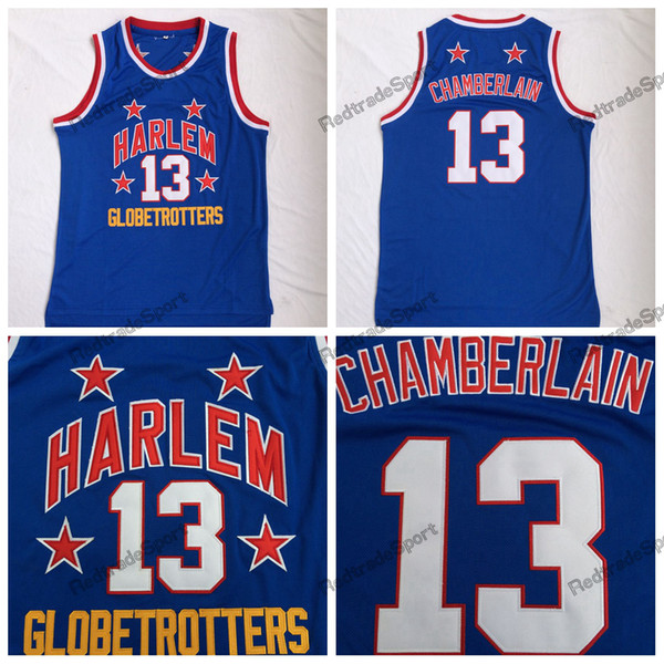 Mens Wilt Chamberlain Harlem Globetrotters #13 Cheap Basketball Jersey Vintage Blue Wilt Chamberlain Basketball Embroidery Shirt