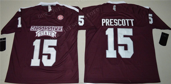 NCAA Men 15 Dak Prescott Jersey College Football Mississippi State Bulldogs Jerseys Cheap Maroon Red SEC Embroidery University Size S-3XL