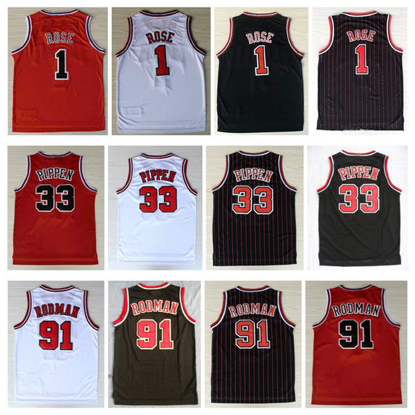 Mens Mesh Cheap Breathable Sports #33 Scottie Pippen Jersey 1# Derrick Rose 91# Dennis Rodman embroidery Suture Shirts Basketball Jerseys