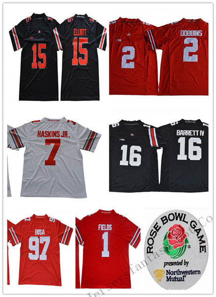 Men Ohio State 15 Ezekiel Elliott 7 Dwayne Haskins JR 97 Joey Bosa 1 Justin Fields 16 JT Barrett Buckeyes College Replica Football Jerseys