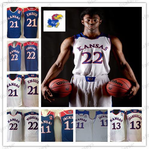 Kansas Jayhawks basketball jersey 22 Wiggins 11 Josh Jackson 21 Embiid 13 Chamberlain Stitched College Basketball Jerseys size S-xxxL