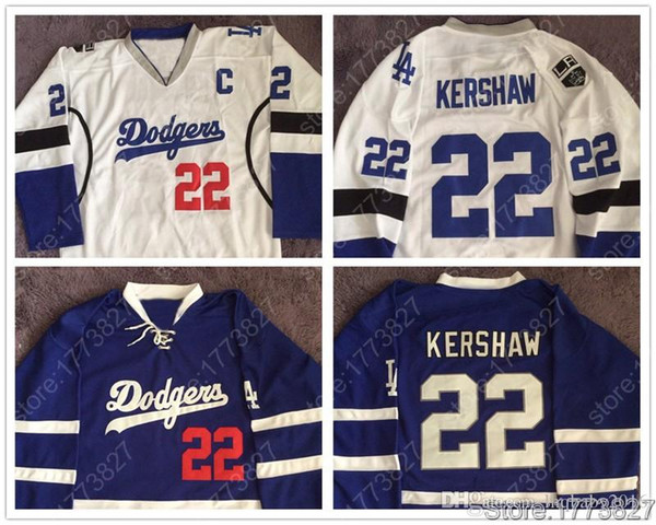 #22 Clayton Kershaw Jersey #31 Joc Pederson #32 Jonathan Quick #23 Brown LA Dodgers LA Kings Blue White Hockey Jersey Double Stitched