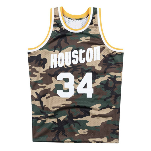 Men Hakeem Olajuwon Houston Straight Fire Camo Swingman Jersey Black Red, white