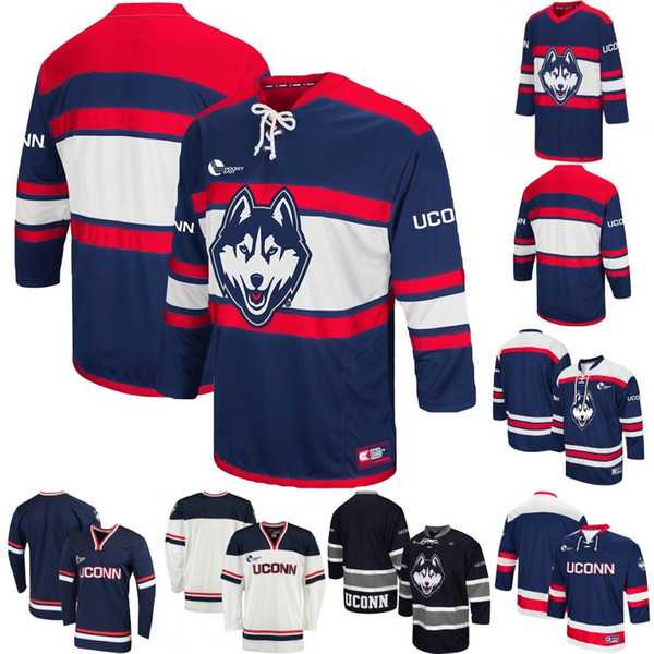 Mens UConn Huskies College Jersey 100% Stitched Colosseum Navy White Black UConn Huskies Open Net II Hockey Sweater Free Shipping S-XXXL