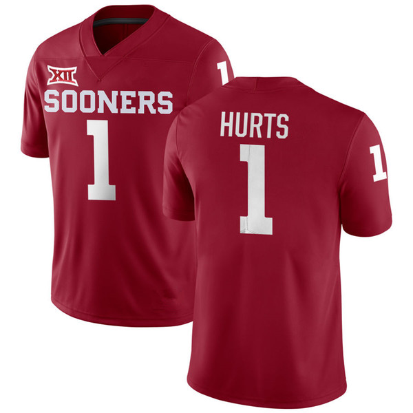 2019 New 1 Jalen Hurts Oklahoma Sooners Jersey NCAA College Football Jerseys Home Away Red White Men size S M L XL 2XL 3XL