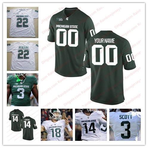 Custom Michigan State Spartans #14 Brian Lewerke 3 LJ Scott 8 Kirk Cousins 24 LeVeon Bell 18 Cook NCAA College Football Jerseys Green White