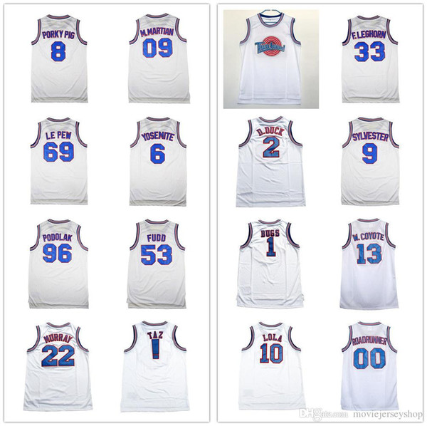 Mens Space Jam Tune Squad White Movie Jersey #00 Roadrunner #69 Le pew # 53 Fudd #8 Porky #09 Martian 10 Lola College Basketball Jerseys