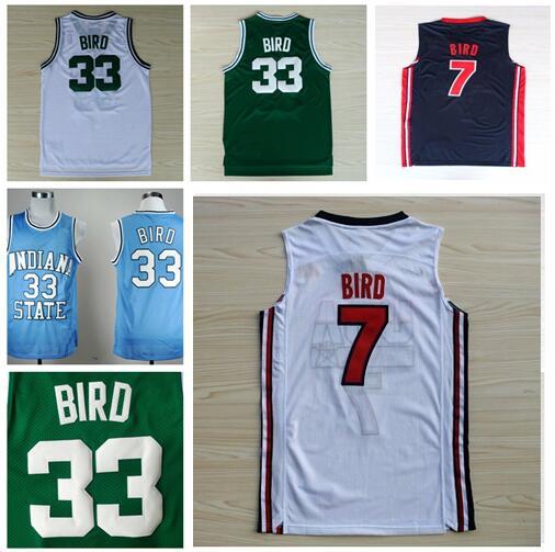 Mens Indiana State Sycamores Larry Bird College Jerseys 1992 Dream Team Larry 7# Bird #34 Paul Pierce Jersey Green White Kevin Garnett shirt