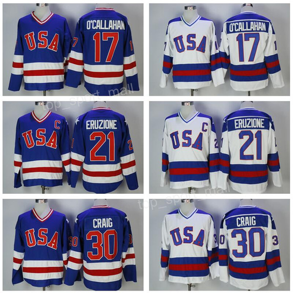 1980 USA Hockey Jersey Team 30 Jim Craig Jerseys 21 Mike Eruzione 17 Jack O'Callahan Callahan Blue White Year Miracle On Olympics Stitched