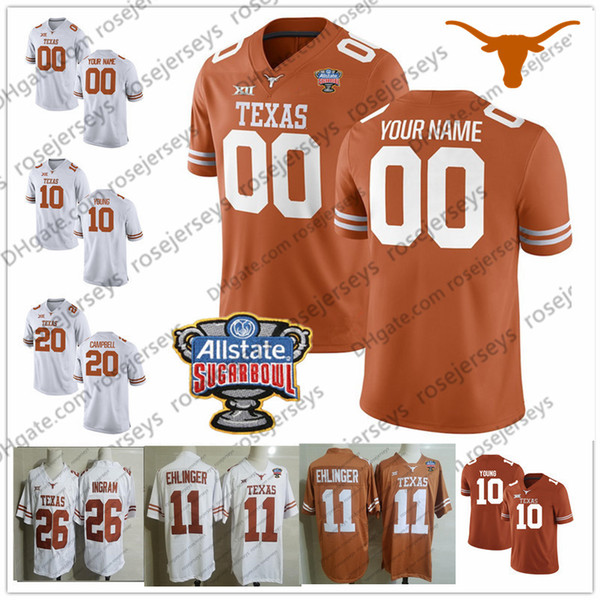 Custom Texas Longhorns College Football Brunt Orange White Any Name Number Watson McCoy Young 11 Ehlinger Humphrey Sterns Sugar Bowl Jersey