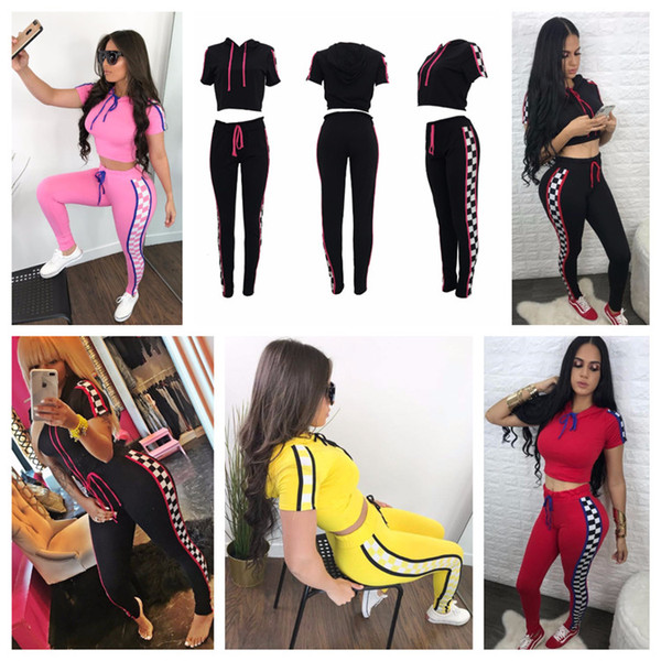 4 Colors Sets Womens Tracksuit Girls Short Sleeve +Long Pants 2pcs Casual Clothes Yoga Running Sportswear Sportsuit Grid Pattern