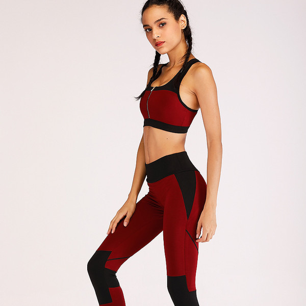 Free Shipping Hot Women Sports Bra Zipper Padded Long Pants Running Fitness Gym Yoga Set Workout Sports Suits Female 2pcs Tracksuits Set