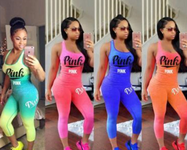 Women Tracksuits Pink Letter sport Outfit summer Sleeveless Tank Top Tights Pants Gradient color Sportswear casual outfit