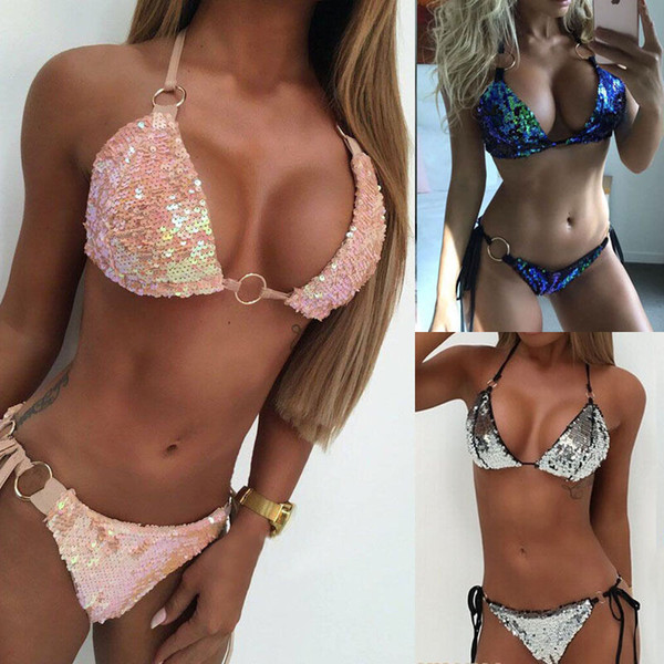 Women Sequins Push-up Padded Bra Monokini Two-pieces Halter Lace-up Bandage Bikini Set Ring Swimsuit Triangle Swimwear Bathing