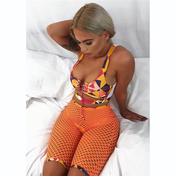 3PCS Swim Suit women print 2018 bandage bikini set fishnet shorts bathing suit push-up swimwear sexy Hollow out Beach Wear femme