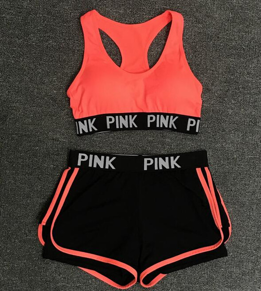 Hot love pink sports sets bra gym fitness short pants PINK Letter underwear exercise vest Runing yoga sets shorts trousers push up bras Tops