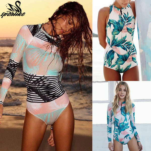 2019 Print Floral One Piece Swimsuit Long Sleeve Swimwear Women Bathing Suit Retro Swimsuit Vintage One-piece Surfing Swim Suits