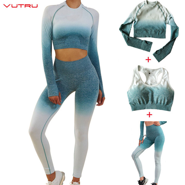 Vutru Sportswear Ombre Seamless 3 Piece Set Women Sport Suit Gym Workout Clothes Long Sleeve Crop Top+Sexy Sports Bra+Leggings