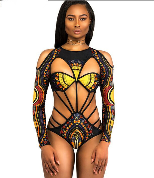 2019 African Print Fashion Long Sleeve Sunsuit One Piece Swimsuit Strap Bikini Sexy Large Size Swimsuit