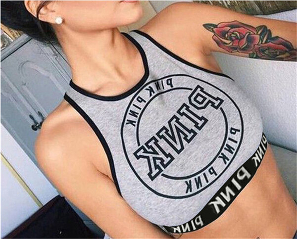 Pink Letter Bra Running Sports Shirts Yoga Gym Vest Push Up Fitness Wear Tops Sexy Sleeveless Underwear Grey Color for women