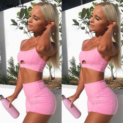 2018 New Pink Yoga Set Women Sports Bra Crop Top High Waist Shorts Fitness Outfit Yoga Running Gym Exercise Workout Tracksuit