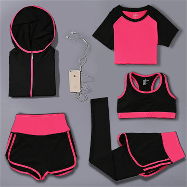 New five pieces gym suit tight quick-drying short-sleeved leisure set running clothes lady five fitness yoga suit XZ-002