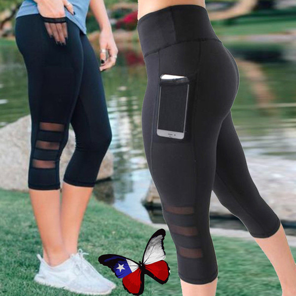 Yoga Leggings Ladies Capri Pant Sport Women Fitness Yoga Tights Gym Legging Girl Black Mesh 3/4 Tights Fitness Wear With Pockets