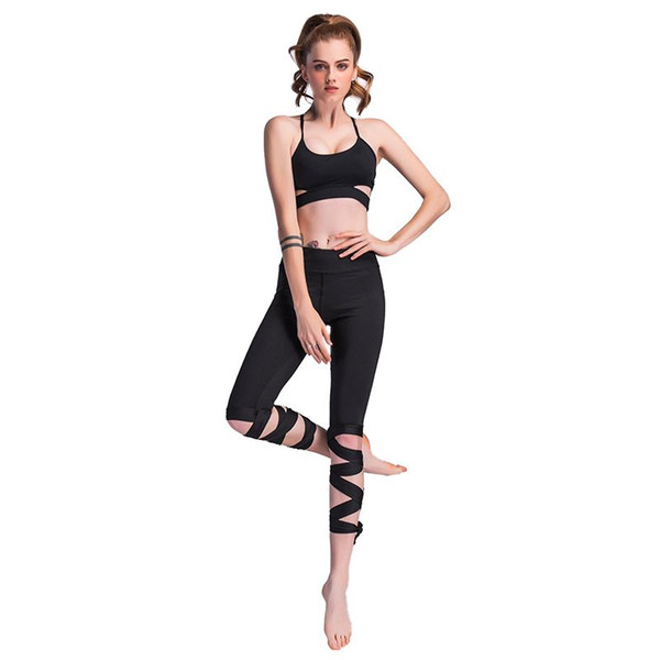 Women Elastic Mid Waist Ballerina Yoga Cropped Pants Sport Leggings Fitness Bandage Cross Yoga Ballet Tight