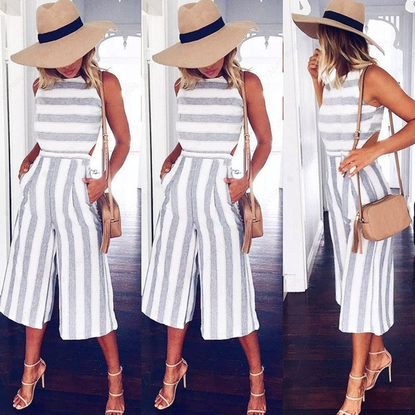 Striped jumpsuit Rompers for Women Overalls Ladies Loose Calf Length Wide Pants for Woman Jumpsuits for Girls Cut-out Waist