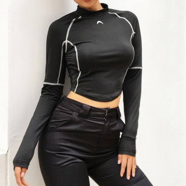 2019 Graceful Long Sleeve Blouse Crop Top Slim fitness crop tops Sport Yoga Running Exercise gym Outdoor cropped tops upper clothing Black