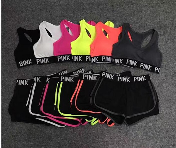 Love Pink Letter Tracksuit Lady Summer Sport Wear Running Fitness Bra Shorts Gym Top Vest Pants Set Women Yoga Suit 2pcs Underwears sale