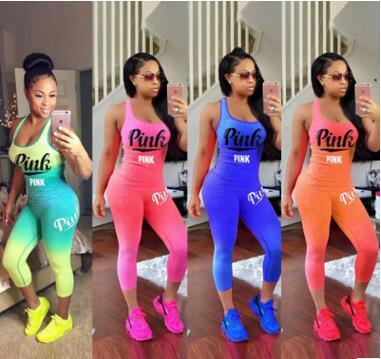 women Love Pink Letter Outfit summer Sleeveless Tank Top Vest Tights Pants Tracksuit Gradient color Sportswear pink casual outfit KKA5132