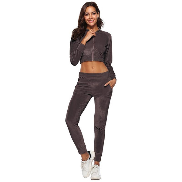 Women Yoga Set Sportswear Autumn Winter Warm Velvet Tracksuit Two Piece Set Casual Short Zipper Sweatshirt Home Clothing #357585