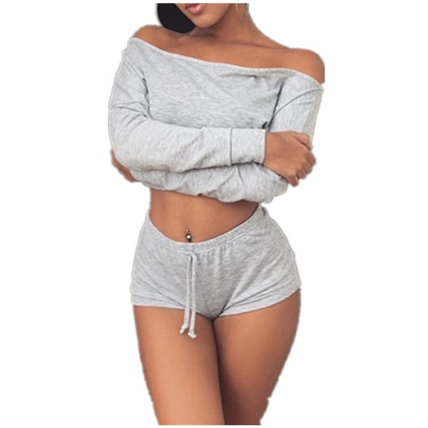 2018 Two Piece Yoga Set Sexy Women Long Sleeve Off Shoulder T Shirt Shorts Sets For Female Fitness Outfits Workout Tracksuit #849611