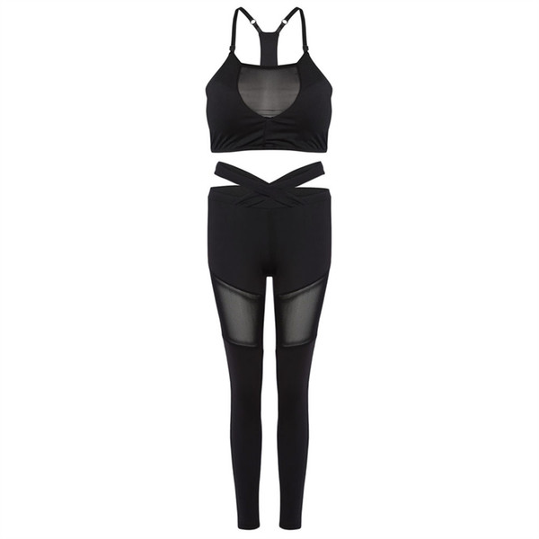 Women Yoga Set Trendy Spaghetti Strap Padded Spliced Mesh Mid Waist Bra Top With Long Pants Women Yoga Sports Suit #849670