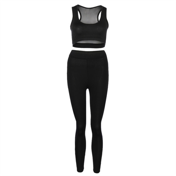 Women Yoga Set Pants Leggings Elbows Fitness Tights Women Mesh Patchwork Skinny High Waist Leggings Elastic Long Pants+Tops #680748