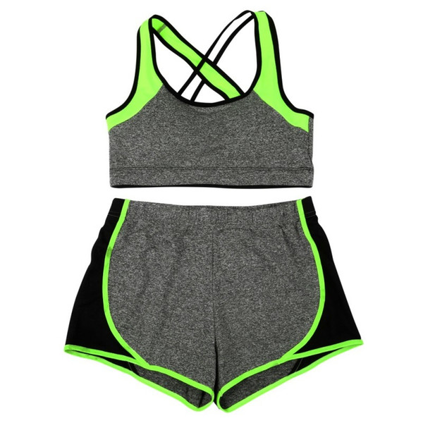 Women Sexy Solid Patchwork Sports Yoga Bra & Shorts Set Racer Back Wire Free Bra & Patchwork Short Pants #680682