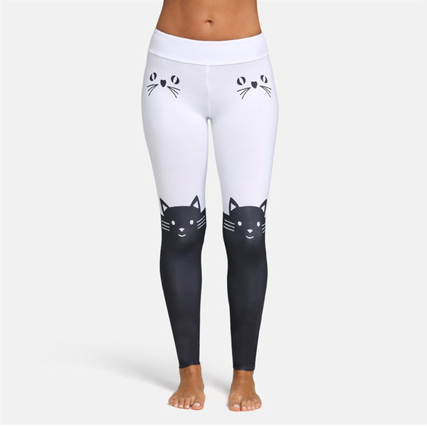 New Arrival Fashion Cute Women Leggings Yoga Sport Mid Waist Cat Print Color Block Skinny Pants Yoga Pants #840160