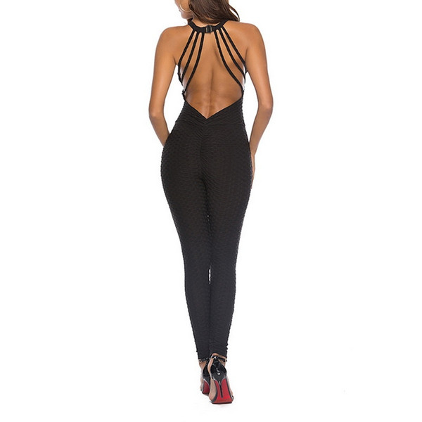 New Sexy Women Tracksuit Sleeveless Halter Yoga Suit Backless Hollow Out Sportswear Jumpsuit Streetwear High Waist Jogging Set #680753