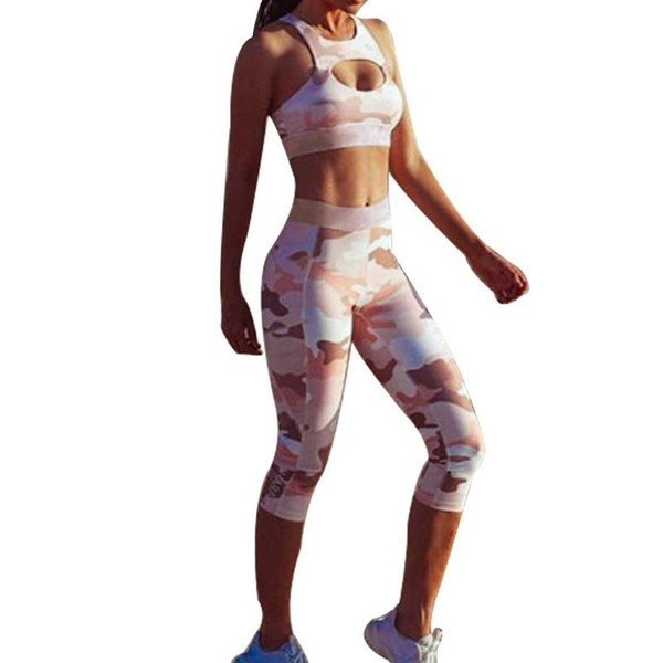 2Pcs Women Yoga Set Fitness Pink Camouflage Print Running Workout Gym Sport Suit Sexy Bust Cut Out Female Slim Tan Tracksuits #864889