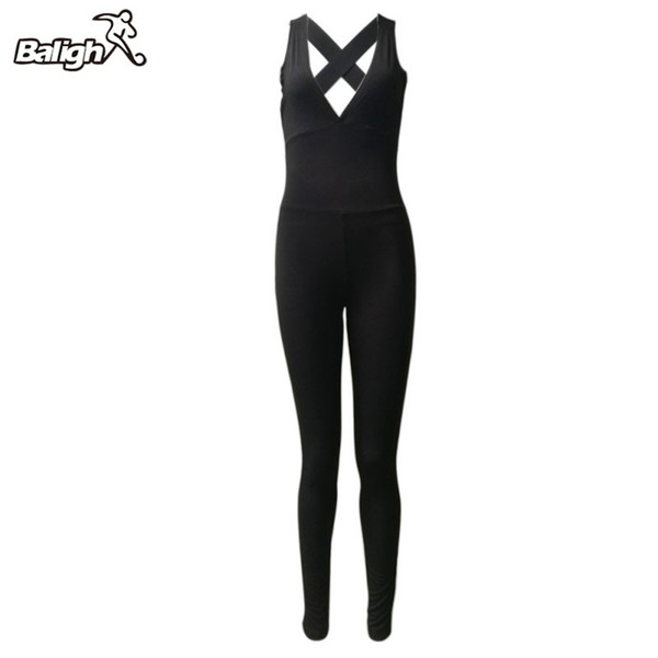 Balight Bandage Women Black Color Sports Yoga Set Sleeveless Bodycon Romper Jumpsuit Bodysuit Long Pants #937353