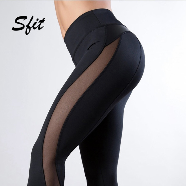 Sfit 2019 Women Mesh Leather Leggings Fitness Workout Patchwork Running Stretch Yoga Leggings HIgh Waist Slim-Fiting Sweatpants #844220