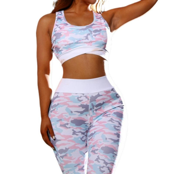 2 Pieces Cropped Bra+Long Pant Fitness Light Pink Print Hip Lifting High Waist Sports Leggings Set Women Yoga Suit Tracksuit #849608